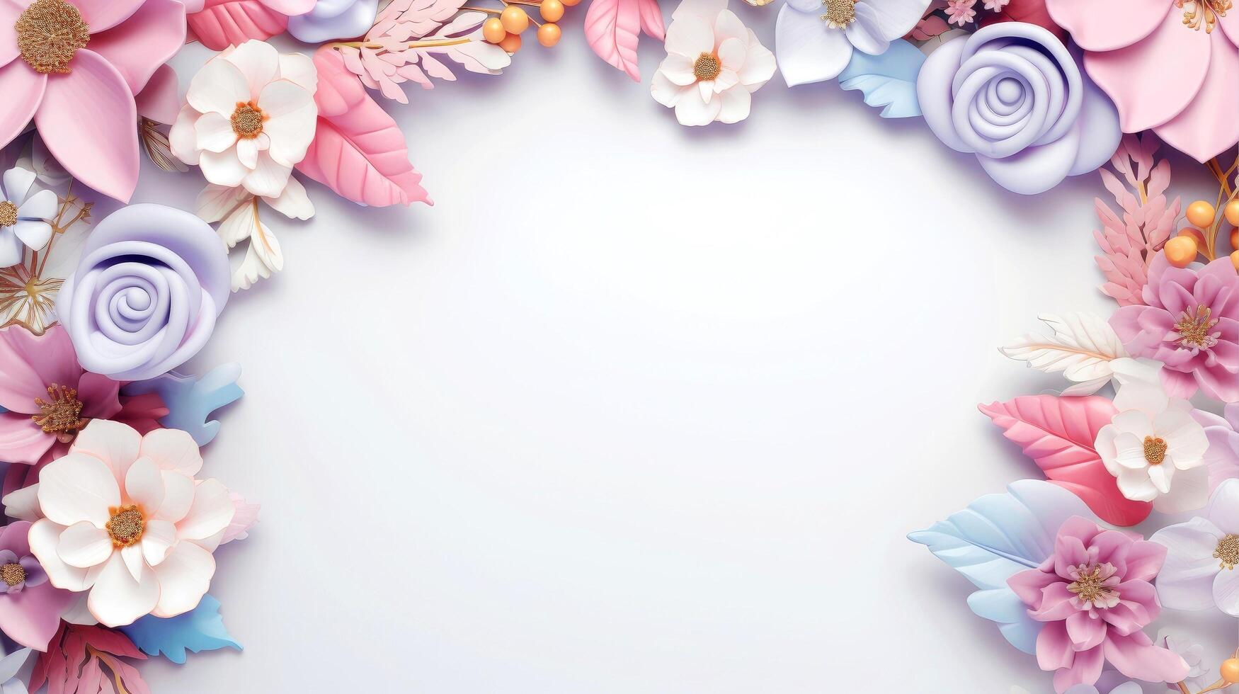 Floral border frame card template. multicolor flowers, leaves, for banner, wedding card. Springtime composition with copy-space, illustration photo