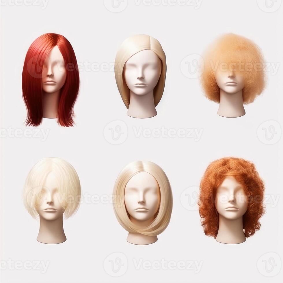 Hair wig over the plastic mannequin head isolated over the white background, mockup featuring contemporary women's hairstyles, illustration photo