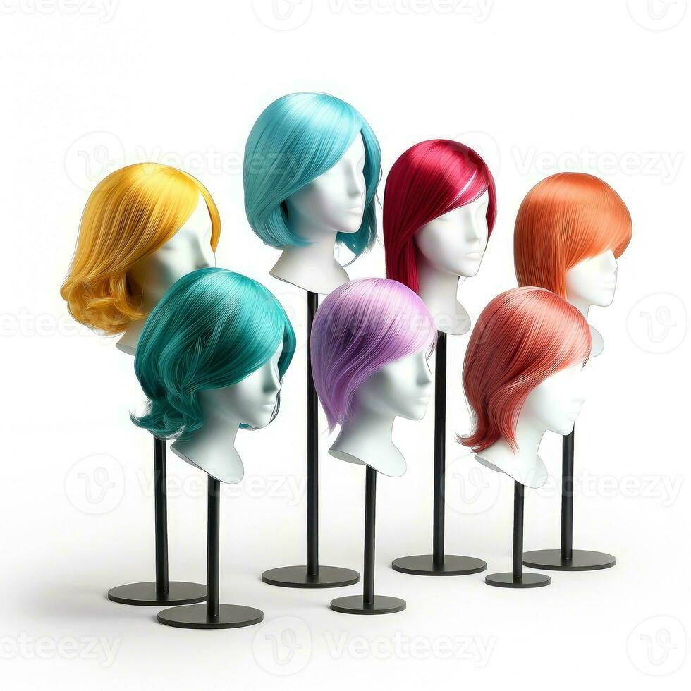 Hair wig over the plastic mannequin head isolated over the white background, mockup featuring contemporary women's hairstyles, Generative AI illustration photo