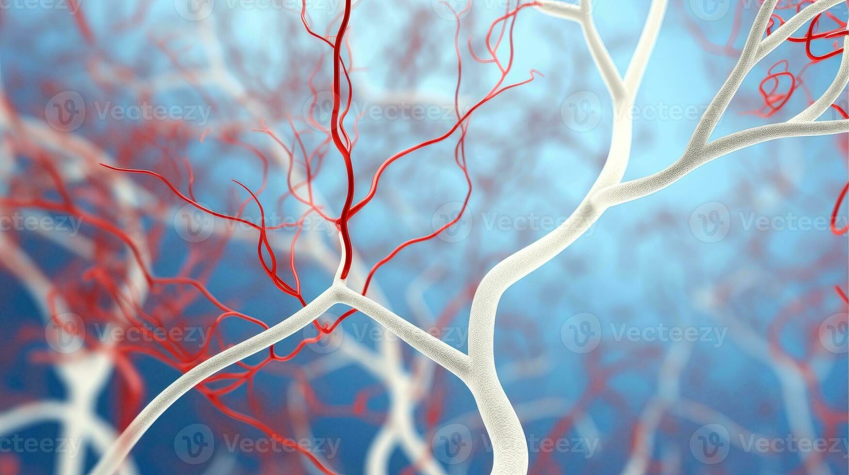 3d ilustración Bosquejo de el humano Organo sistemas, circulatorio, digestivo, rojo y blanco células de sangre con borroso fondo médico educación concepto, generativo ai ilustración foto