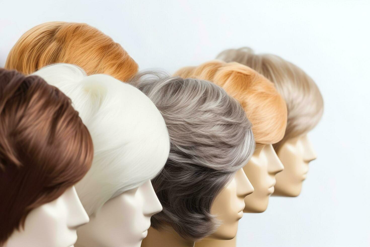 Close up hair wig over the plastic mannequin head isolated over the white background, mockup featuring contemporary men hairstyles, select focus, Generative AI illustration photo