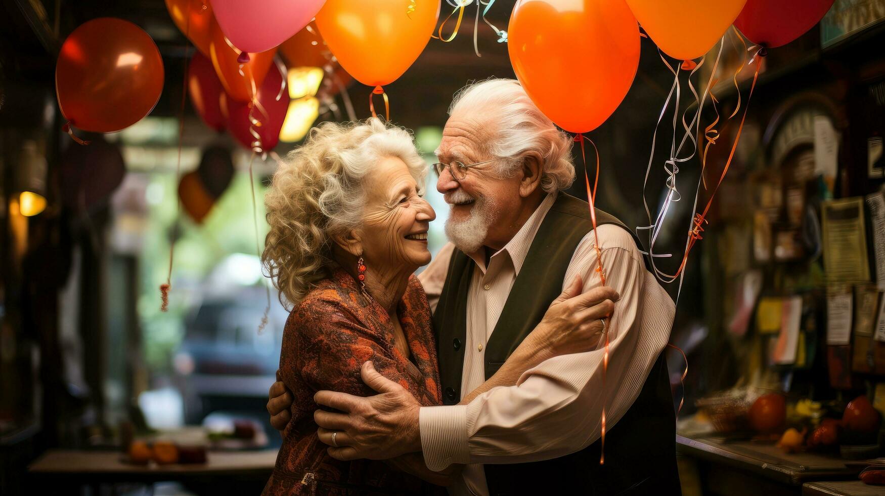 Dreamy middle aged senior loving retired family couple, enjoying peaceful moment relaxing together, with blurred background, Generative AI illustration photo