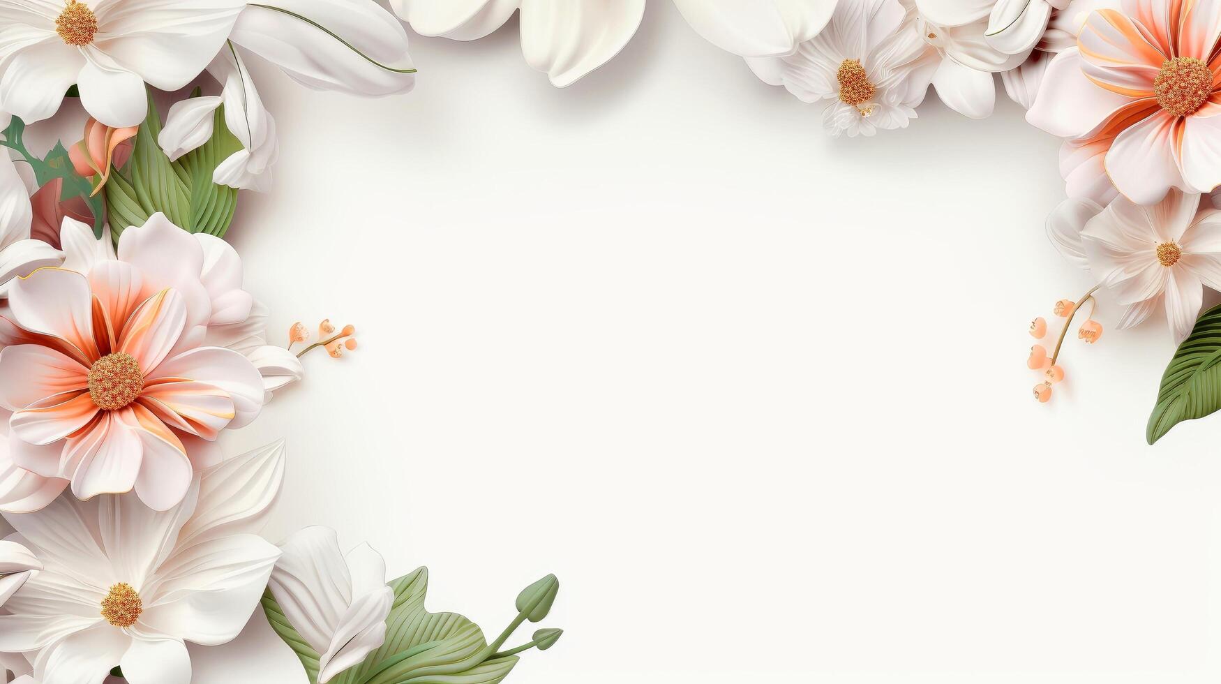 Floral border frame card template. multicolor flowers, leaves, for banner, wedding card. Springtime composition with copy-space, illustration photo