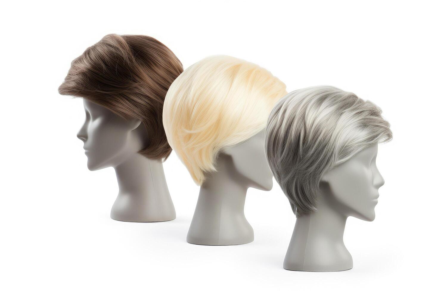 Hair wig over the plastic mannequin head isolated over the white background, mockup featuring contemporary men's hairstyles, Generative AI illustration photo