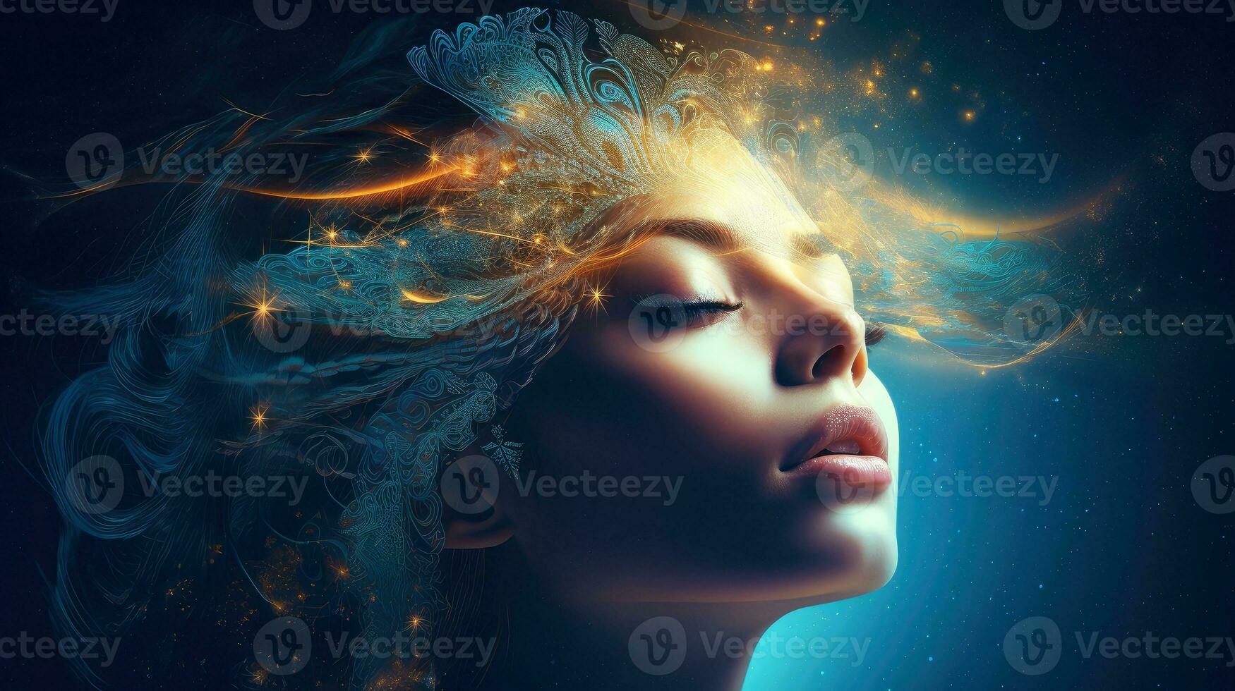 Illustration of woman sleeping and dreaming. Psychic girl considers mind and heart, spirituality, esotericism. Psychic waves concept, Generative AI illustration photo