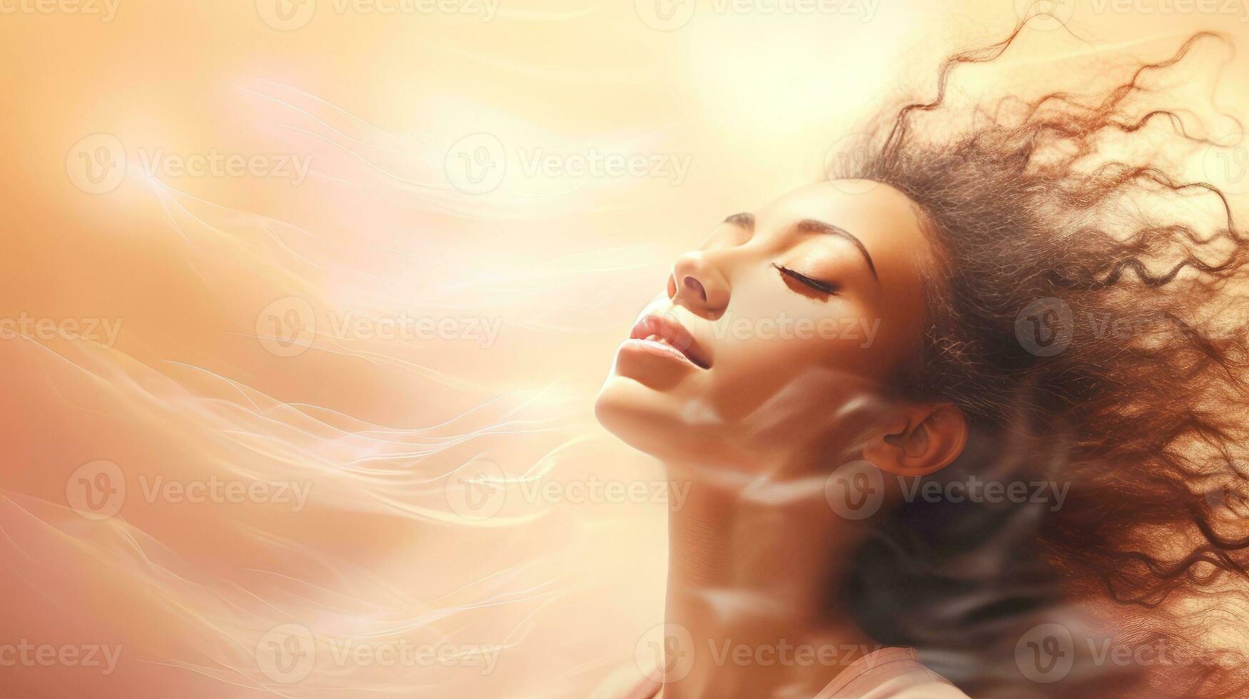 Illustration of woman sleeping and dreaming. Psychic girl considers mind and heart, spirituality, esotericism. Psychic waves concept, Generative AI illustration photo
