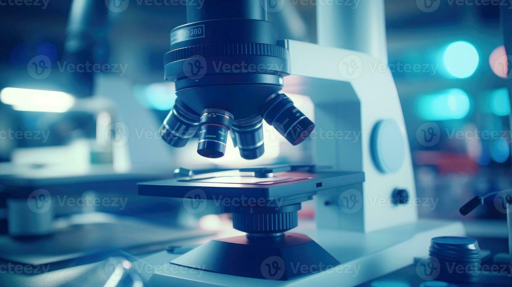 Close-up shot of microscope with metal lens at laboratory. Microscope on the table with chemical tube and glassware in laboratory, Science research technology, Generative AI illustration photo