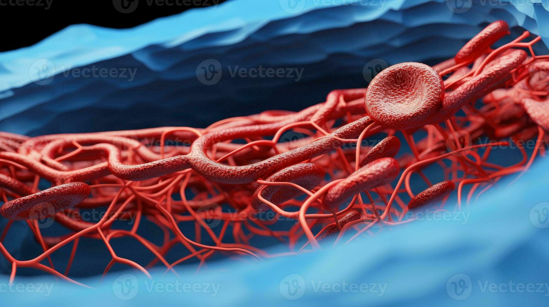 3D illustration mockup of the human organ systems, circulatory, digestive, red and white bloodcells wtih blurred backgroun. Medical education concept, Generative AI illustration photo