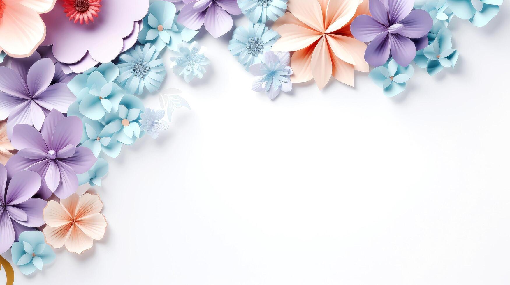 Floral border frame card template. multicolor flowers, leaves, for banner, wedding card. Springtime composition with copy-space, illustration photo
