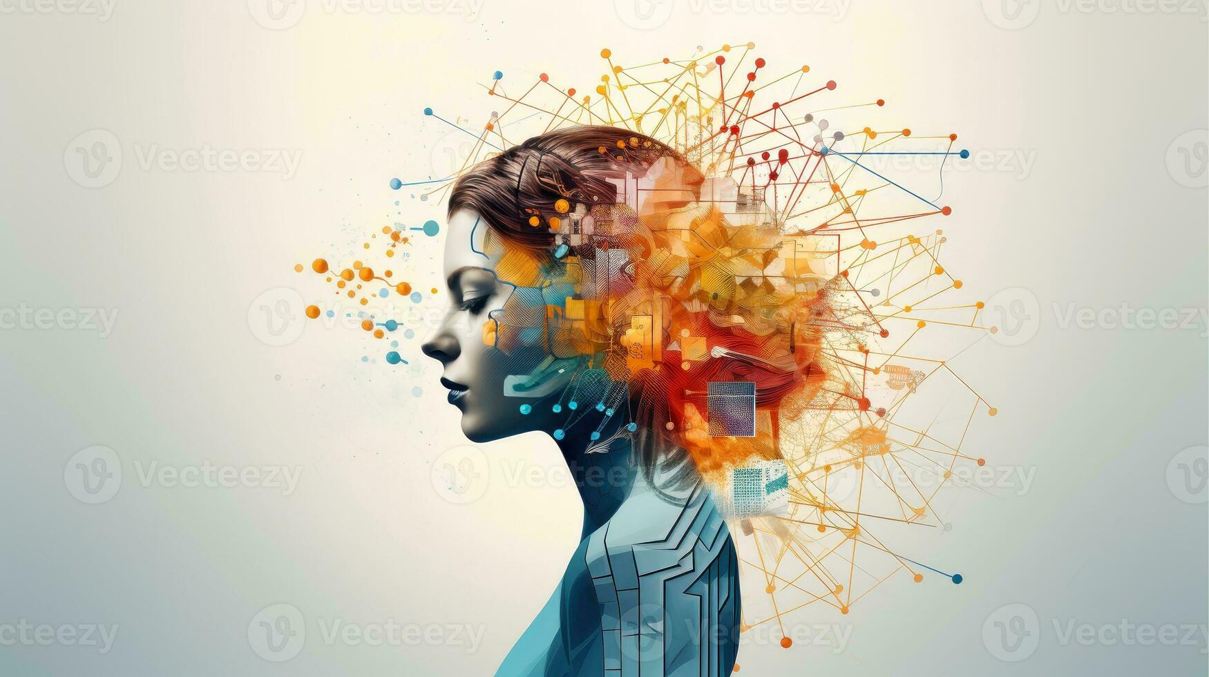 Illustration of abstract profile of a human head and consciousness with physical and chemical structures in the head, Person creative mind, Psychic waves concept, Generative AI illustration photo