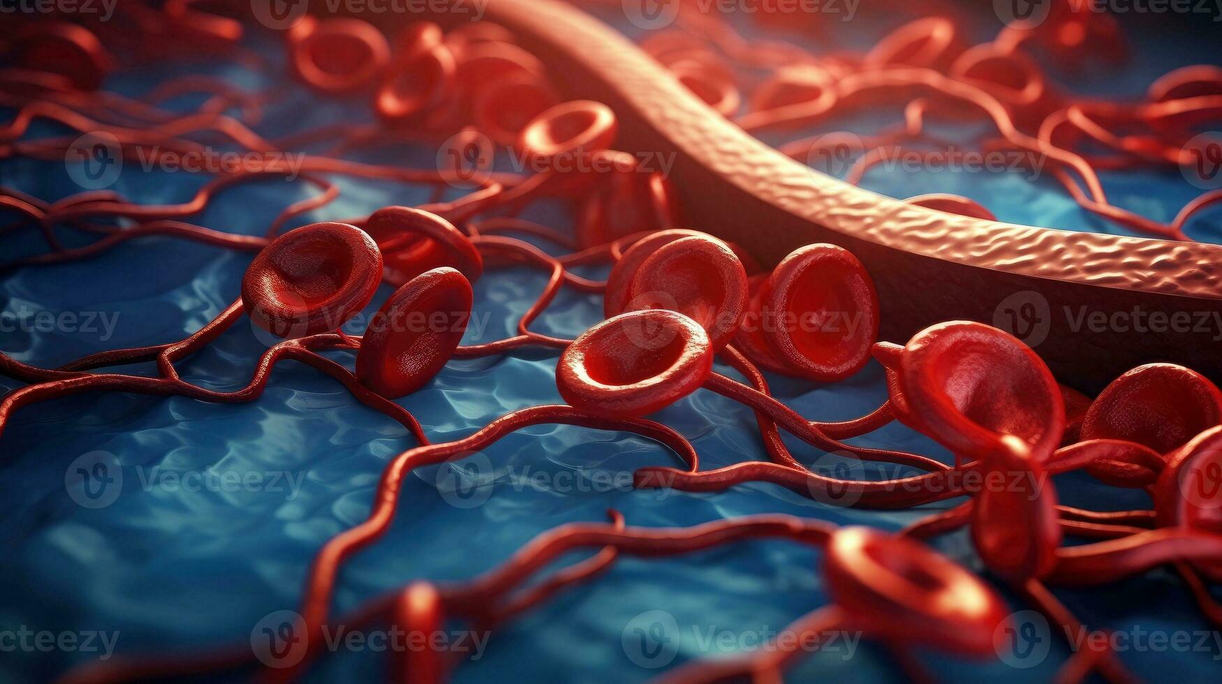 3D illustration mockup of the human organ systems, circulatory, digestive, red and white bloodcells wtih blurred backgroun. Medical education concept, Generative AI illustration photo