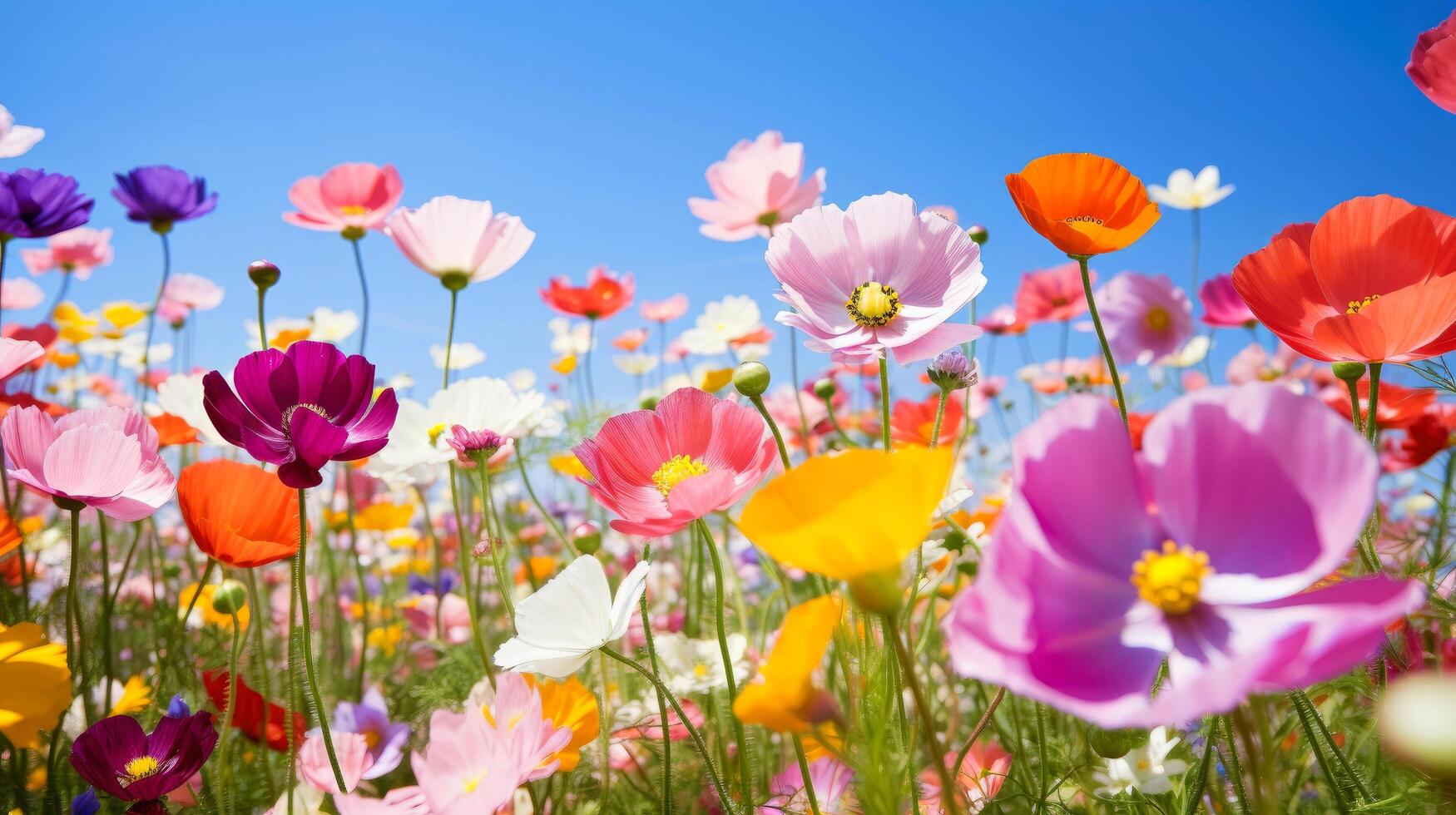 Nature floral background in early summer. Colorful natural spring landscape with with flowers, soft selective focus, Generative AI illustration photo