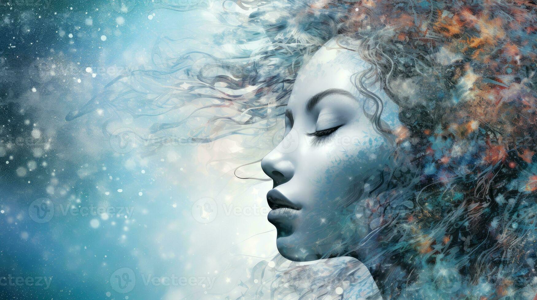 Illustration of woman sleeping and dreaming. Psychic girl considers mind and heart, spirituality, esotericism. Psychic waves concept, Generative AI illustration photo