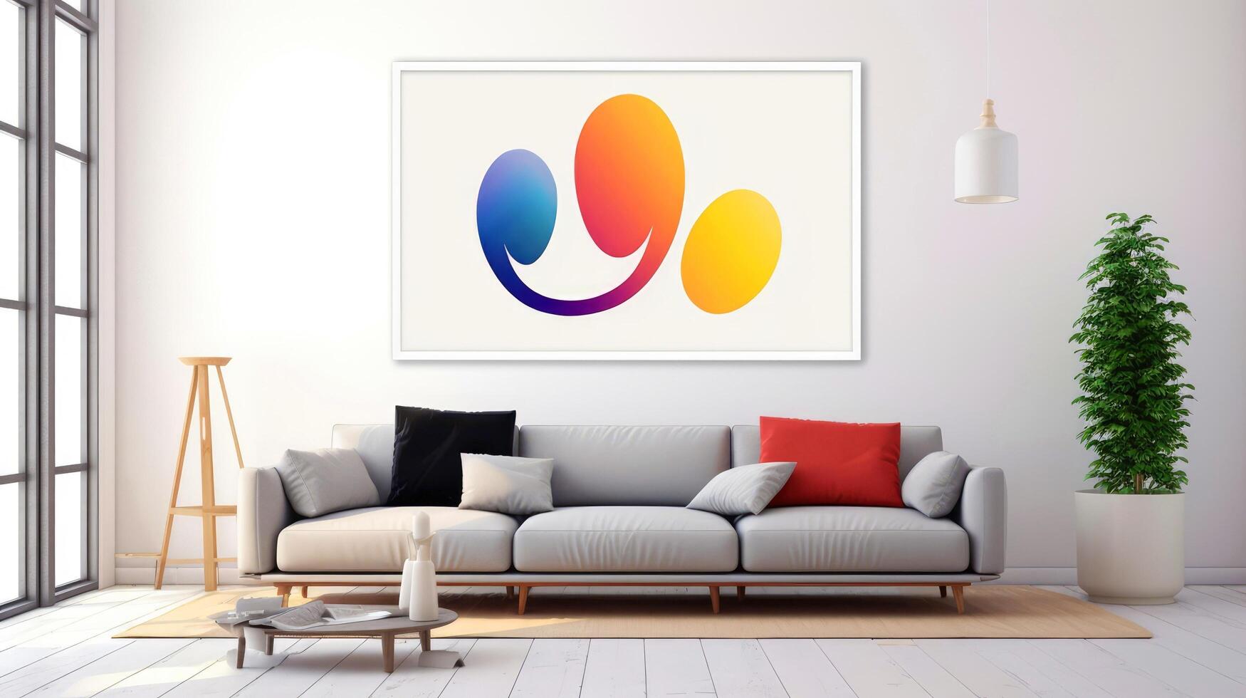 Stylish living room interior design with mock up poster frame, creative home accessories. Home staging. Copy space, illustration photo