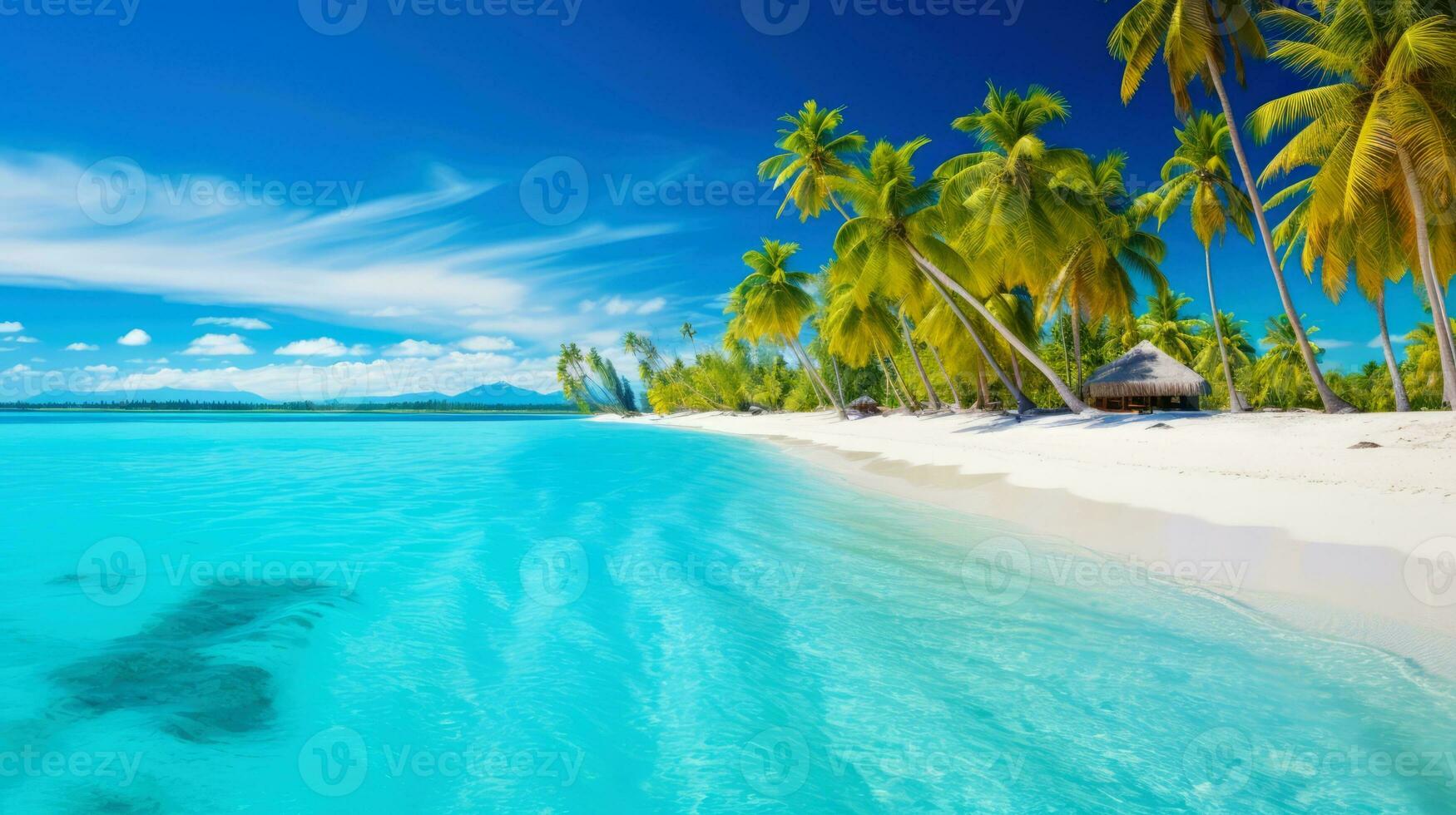 Illustration image, beach scene with crystal-clear turquoise waters, powdery white sand, palm leaves, sparkling waves and blue sunny sky, with copy space, Generative AI illustration photo