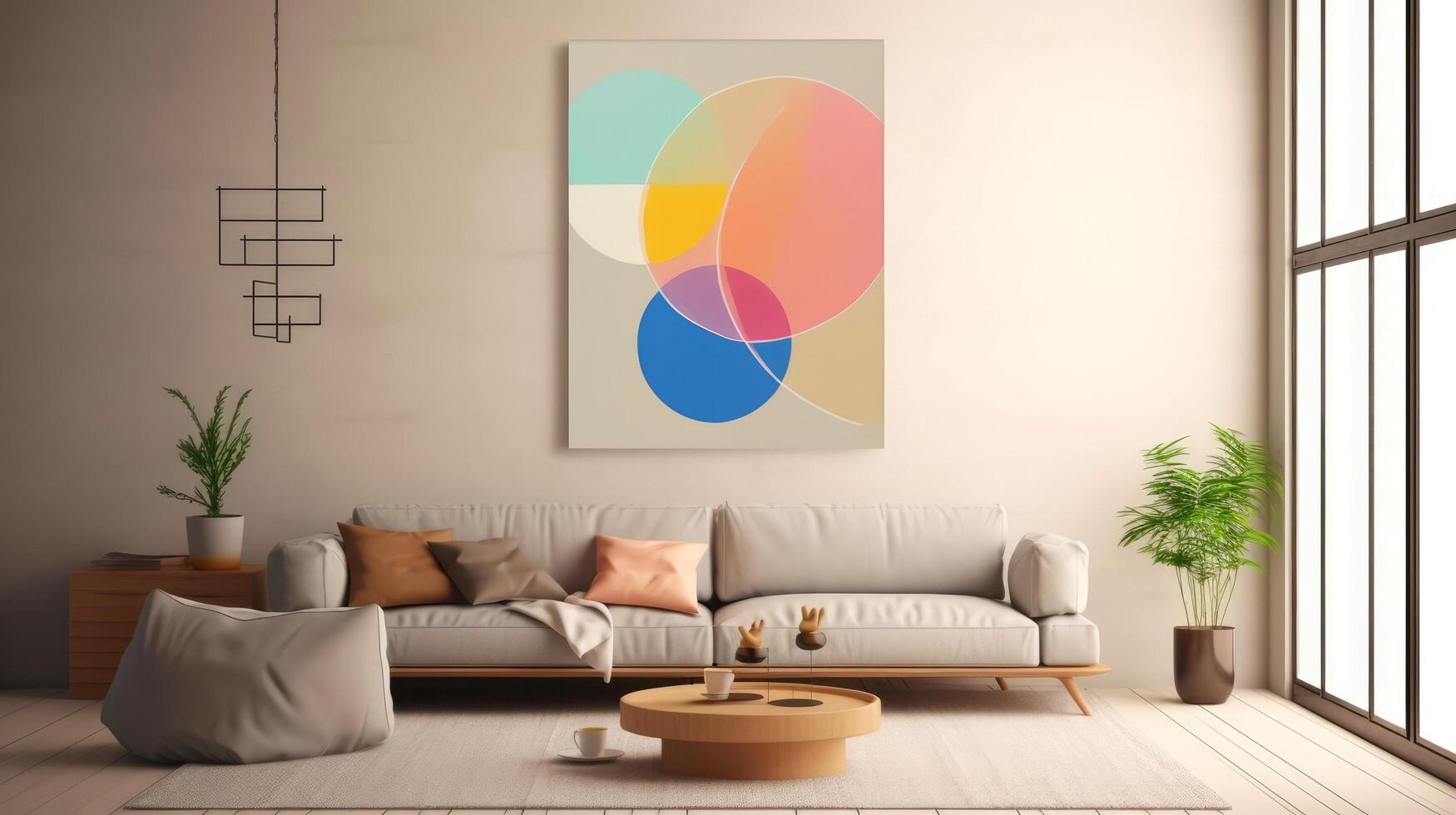 Stylish living room interior design with mock up poster frame, creative home accessories. Home staging. Copy space, illustration photo