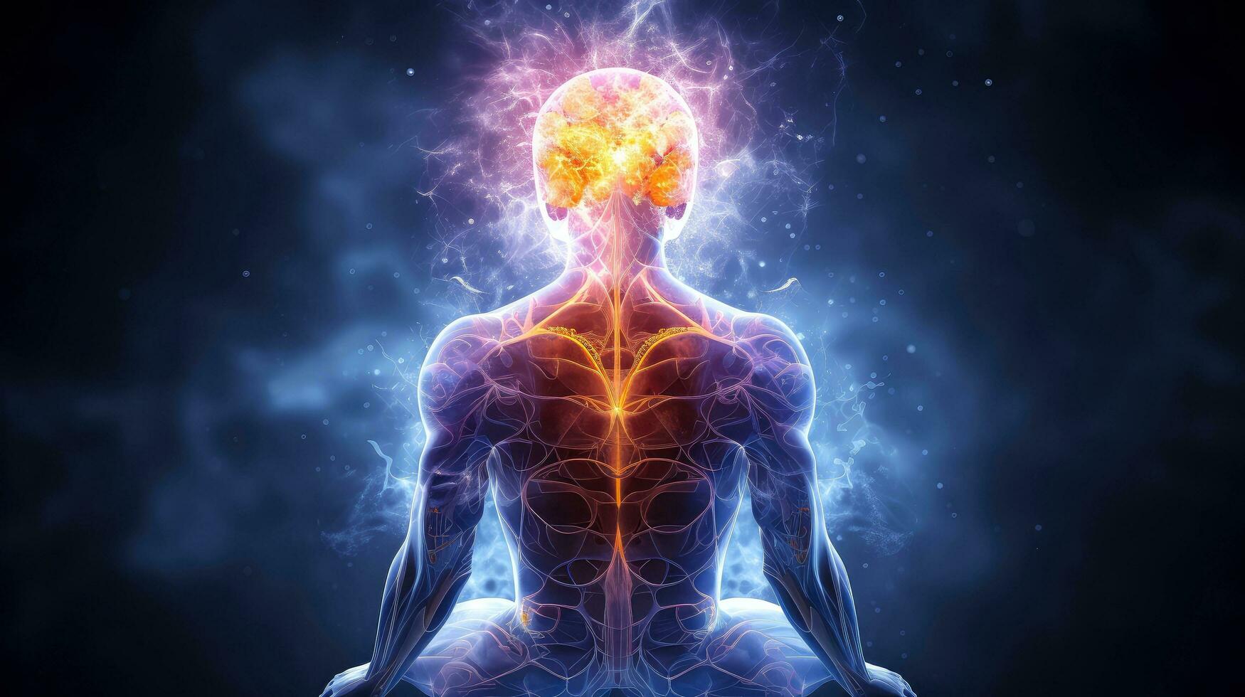 humano meditar, yoga. psíquico humano considera mente y corazón. espiritualidad, esoterismo, con bokeh desenfocado luces. universo, psíquico olas concepto, generativo ai ilustración foto