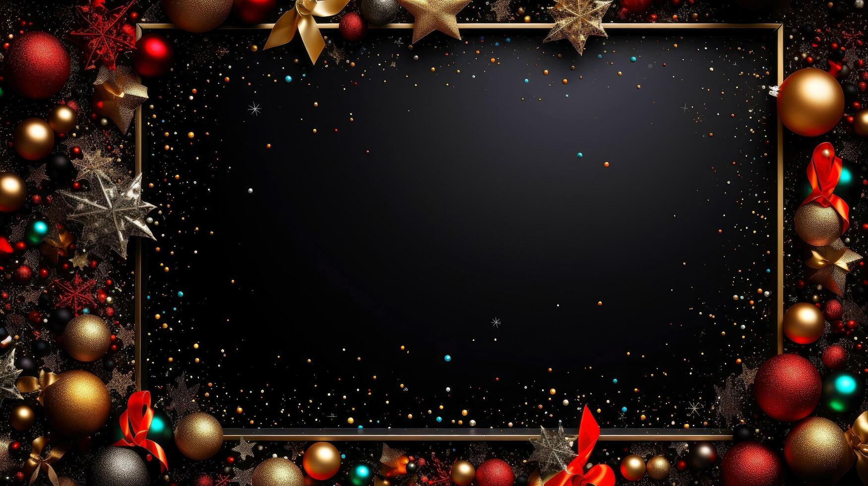 Christmas border frame card template with dark background, concept with festive ornaments.composition with copy-space, illustration photo
