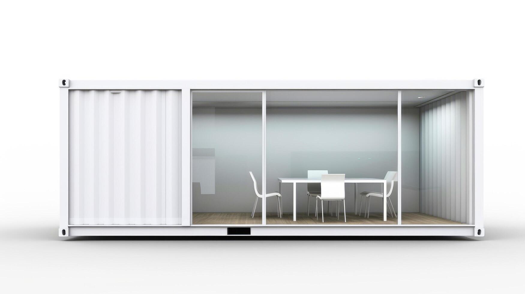 Interior of mobile container site office for construction site. Shipping container. Portable house and office cabins, illustration photo
