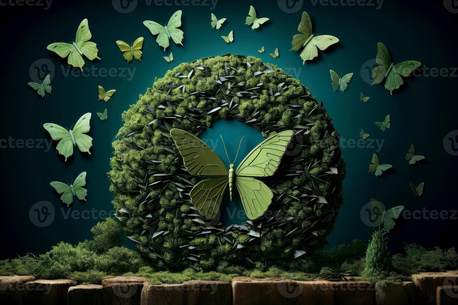 Ecosystem restoration, environment day concept tree background. Recycle icon paper cut banner with forest. Ecology project concept, illustration photo