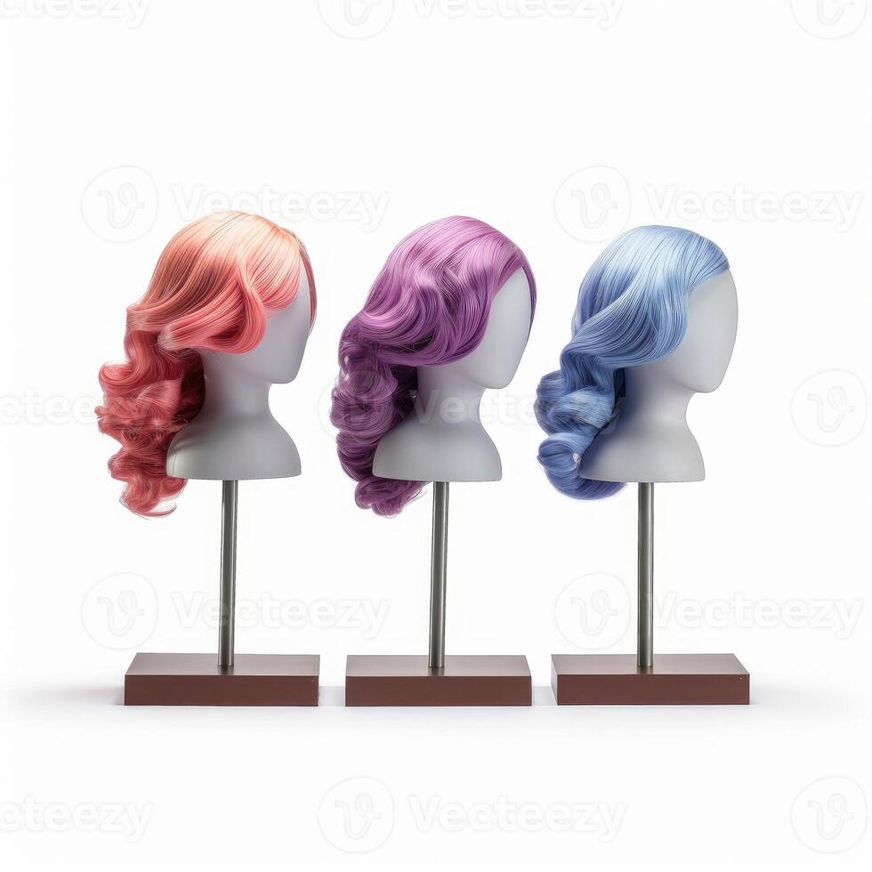 Hair wig over the plastic mannequin head isolated over the white background, mockup featuring contemporary women's hairstyles, Generative AI illustration photo