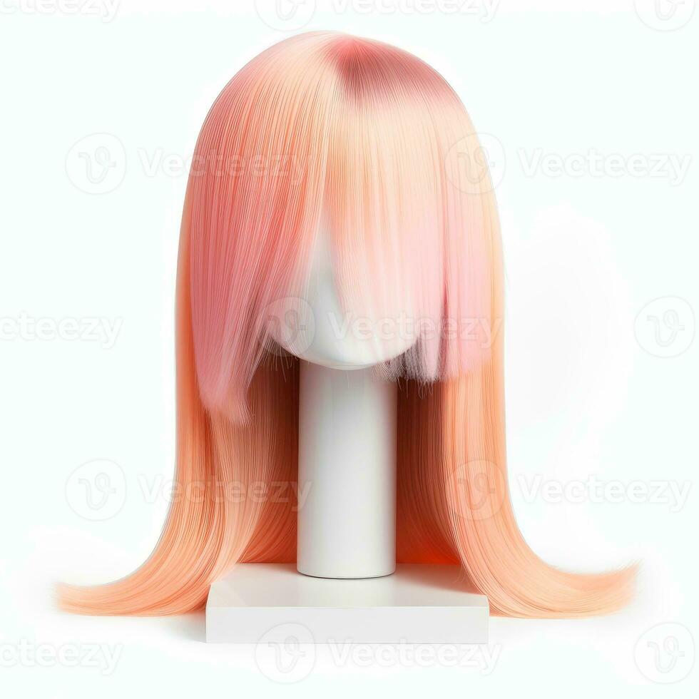 Hair wig over the plastic mannequin head isolated over the white background, mockup featuring contemporary women's hairstyles, Generative AI illustration photo