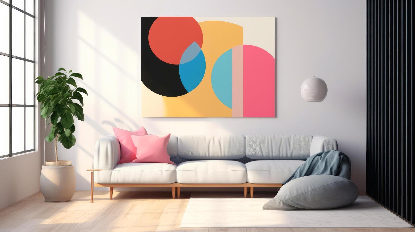 Stylish living room interior design with mock up poster frame, creative home accessories. Home staging. Copy space, illustration photo