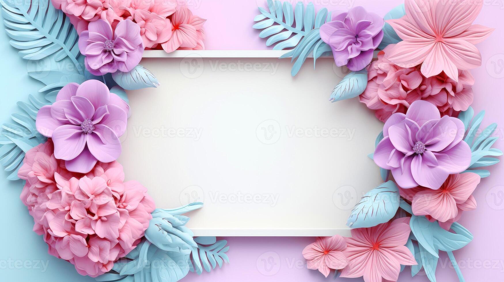 Floral border frame card template. multicolor flowers, leaves, for banner, wedding card. Springtime composition with copy-space, illustration photo
