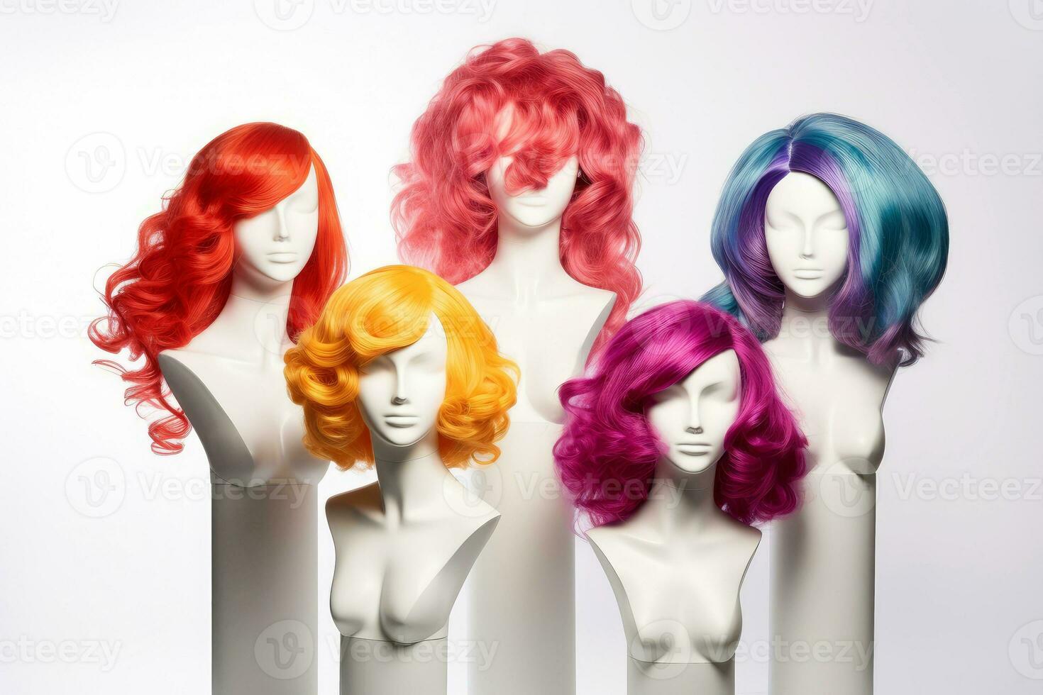 Hair wig over the plastic mannequin head isolated over the white background, mockup featuring contemporary women's hairstyles, Generative AI illustration photo