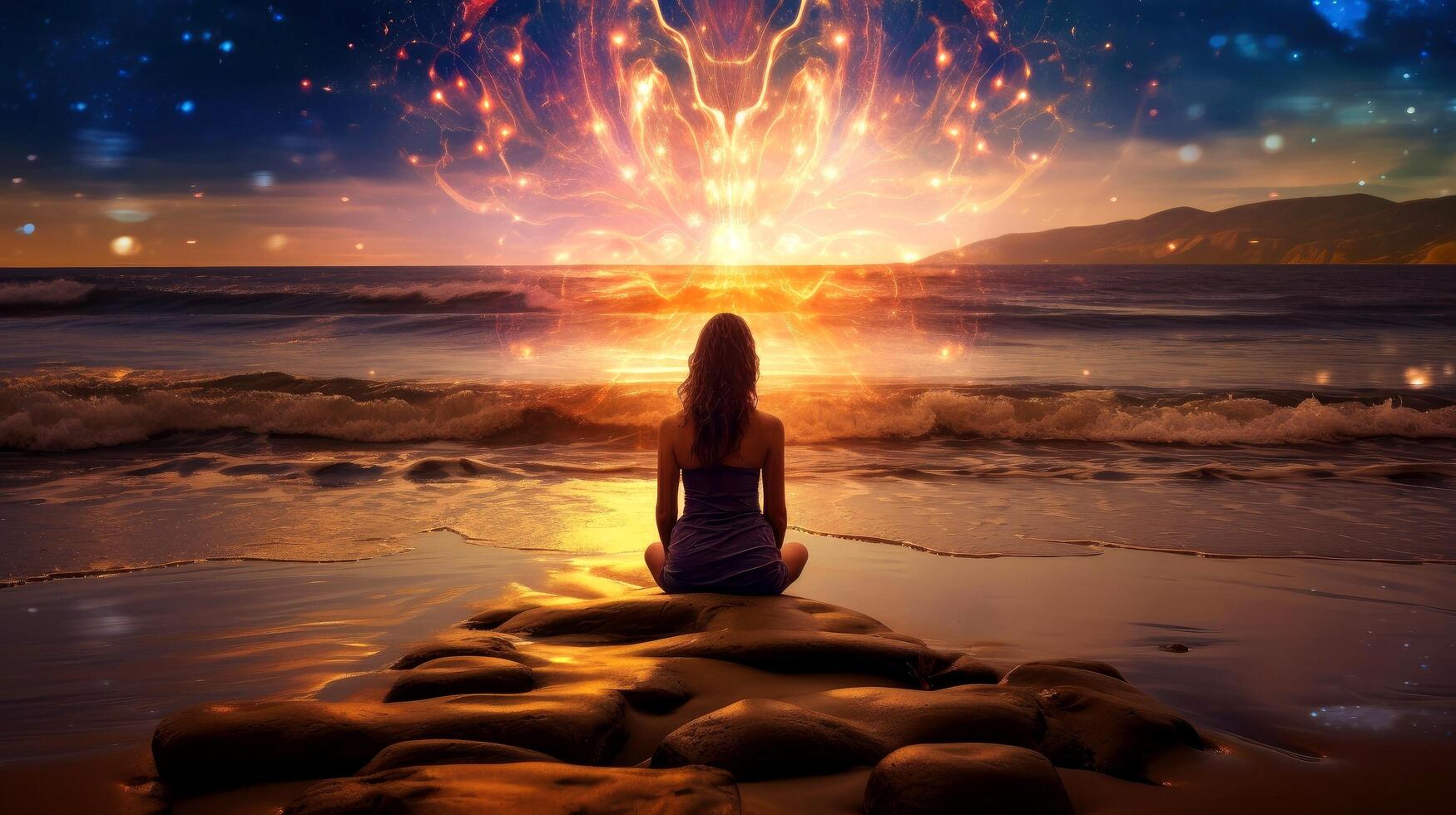 Women meditate, yoga. Psychic women considers mind and heart. Spirituality, esotericism, with bokeh defocused lights. universe, illustration photo