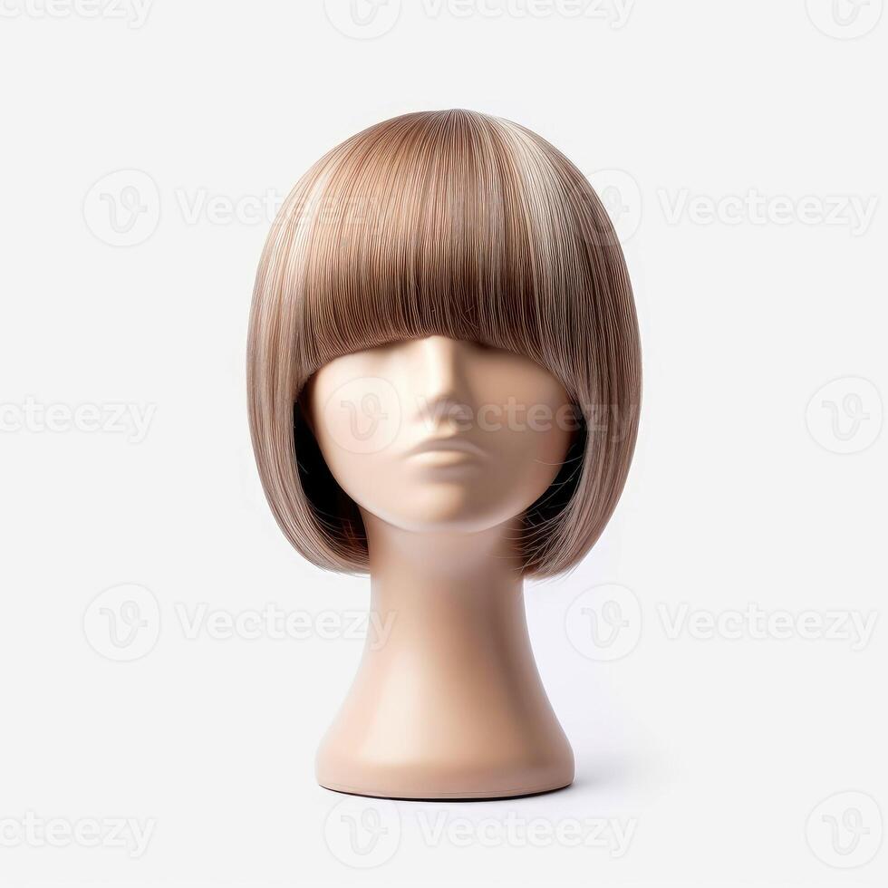 Hair wig over the plastic mannequin head isolated over the white background, mockup featuring contemporary women's hairstyles, Generative AI illustration photo