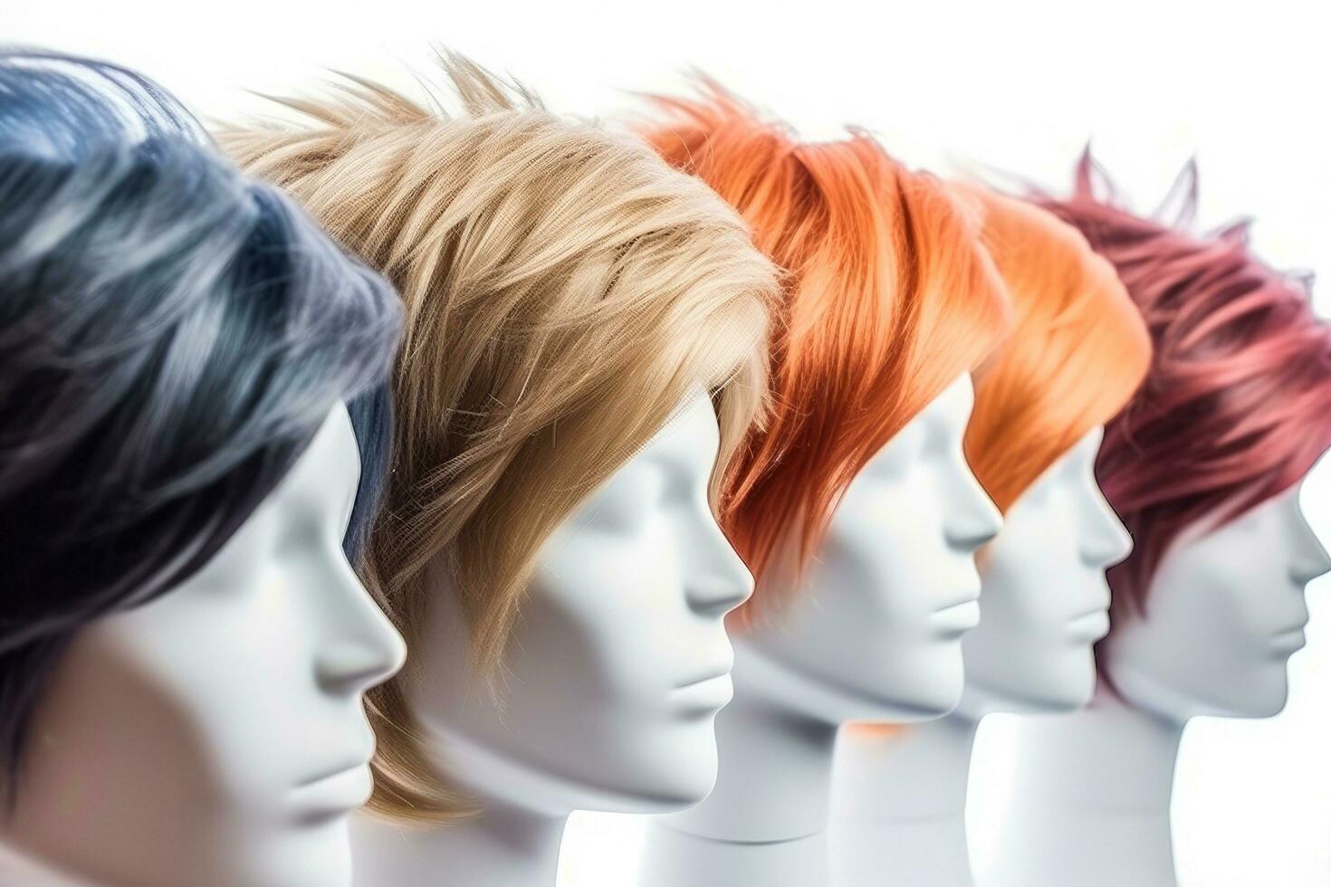 Close up hair wig over the plastic mannequin head isolated over the white background, mockup featuring contemporary men hairstyles, select focus, Generative AI illustration photo