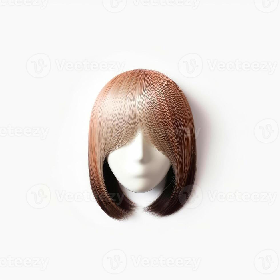 Hair wig over the plastic mannequin head isolated over the white background, mockup featuring contemporary women's hairstyles, Generative AI illustration photo