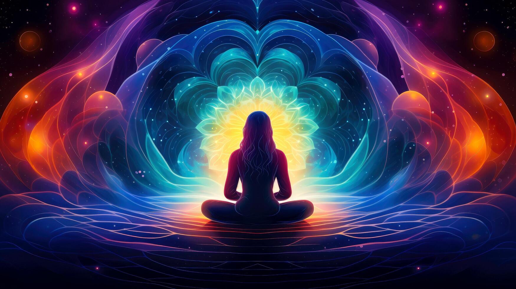 Human meditate, yoga. Psychic human considers mind and heart. Spirituality, esotericism, universe, cartoon style, illustration photo