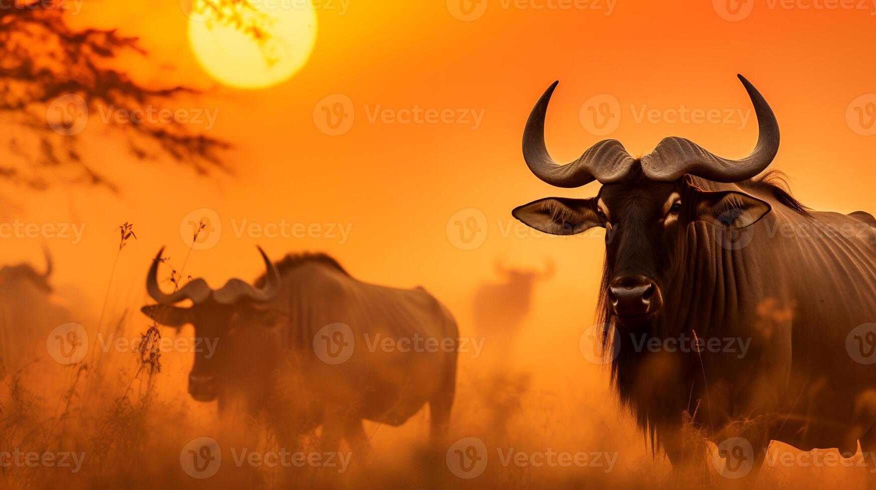 Photo of Wildebeest on savanna at sunset.