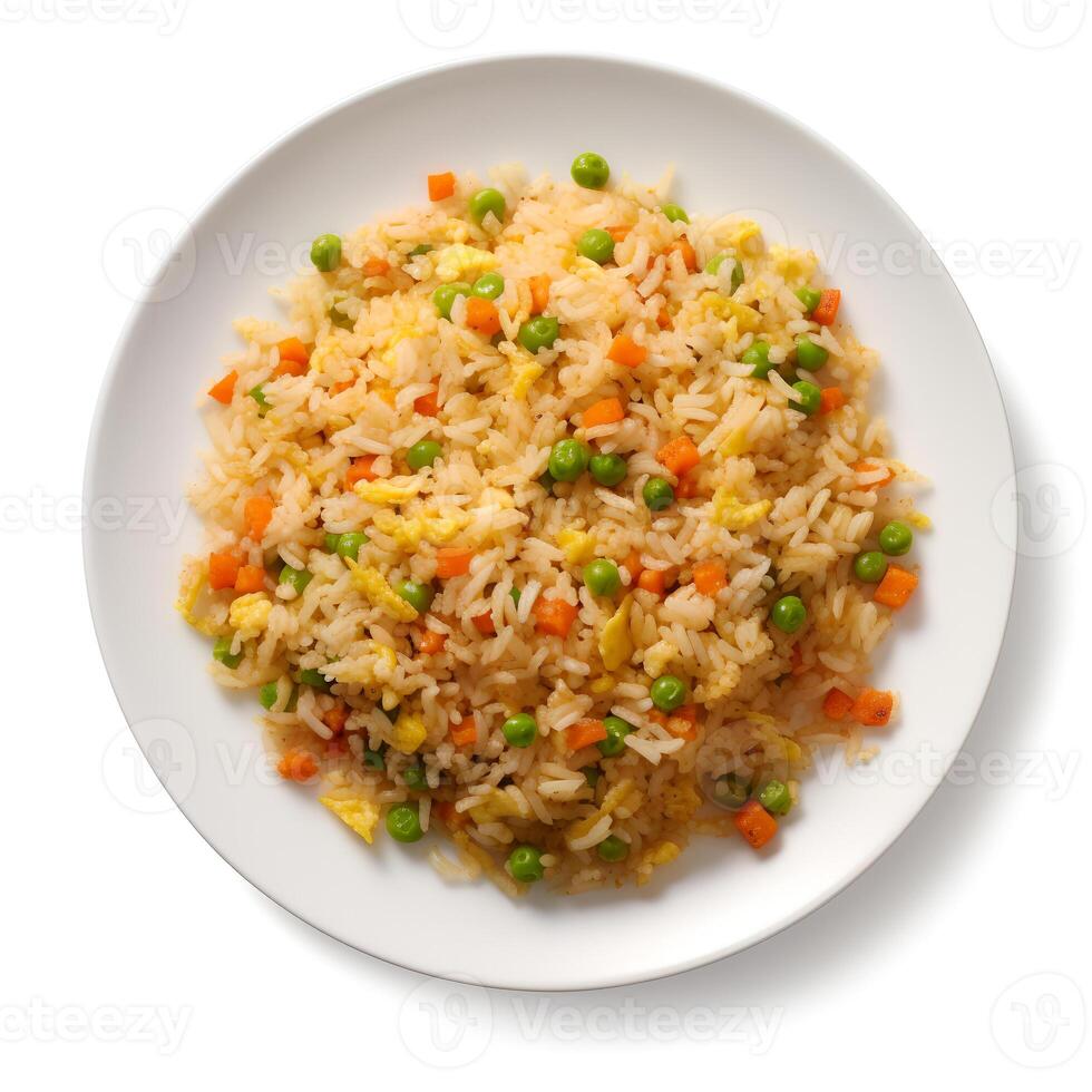 Photo of Fried Rice on plate  isolated on white background. Created by Generative AI