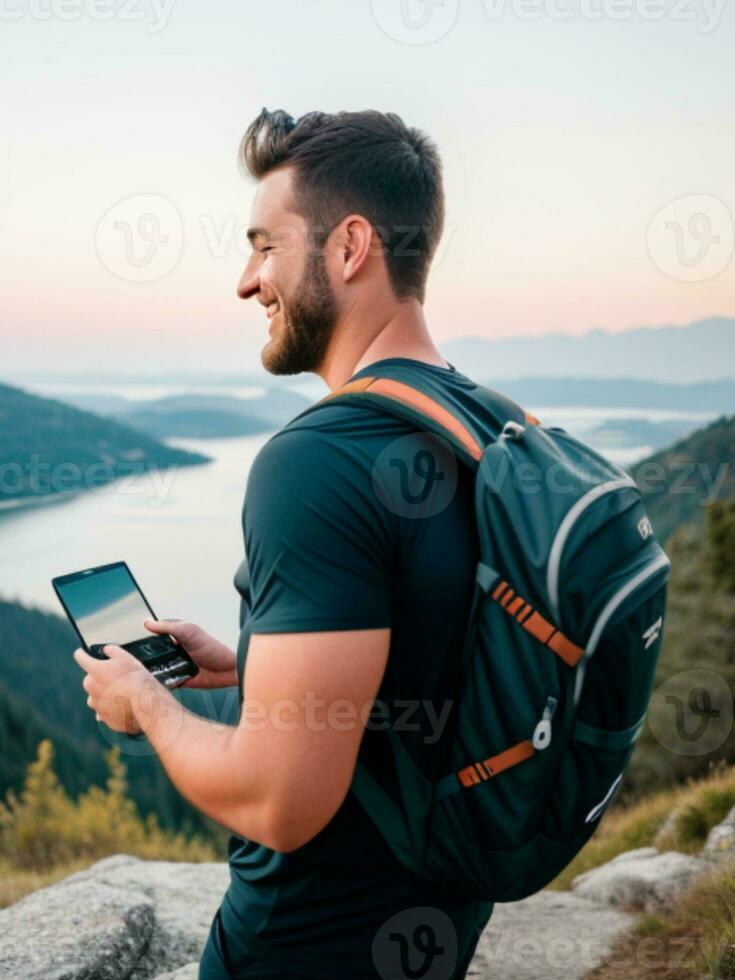 Handsome young man with backpack and mobile phone standing on top of a mountain and looking at the sea. photo