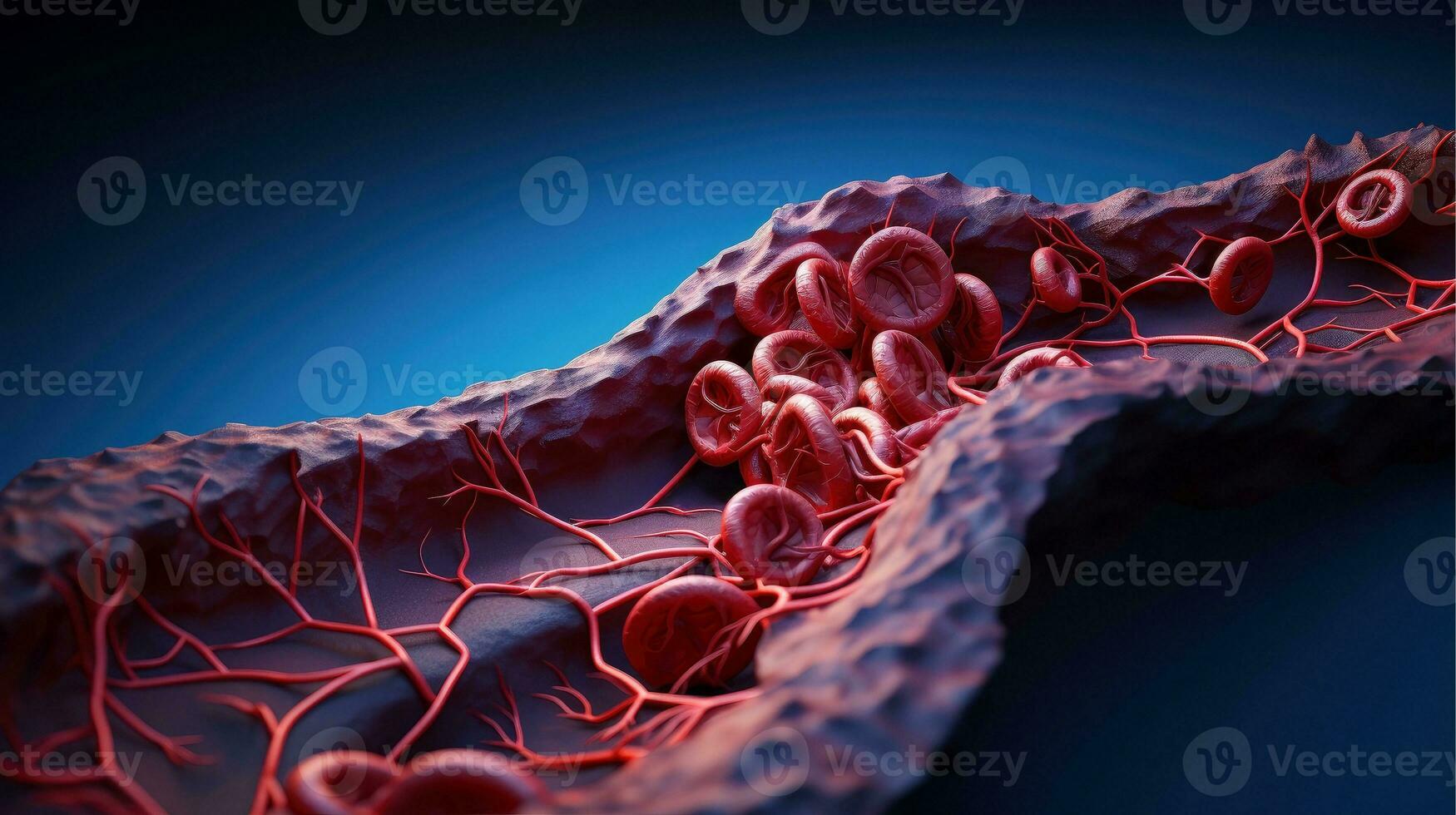 3D illustration mockup of the human organ systems, circulatory, digestive, red and white bloodcells wtih blurred backgroun. Medical education concept, Generative AI illustration photo