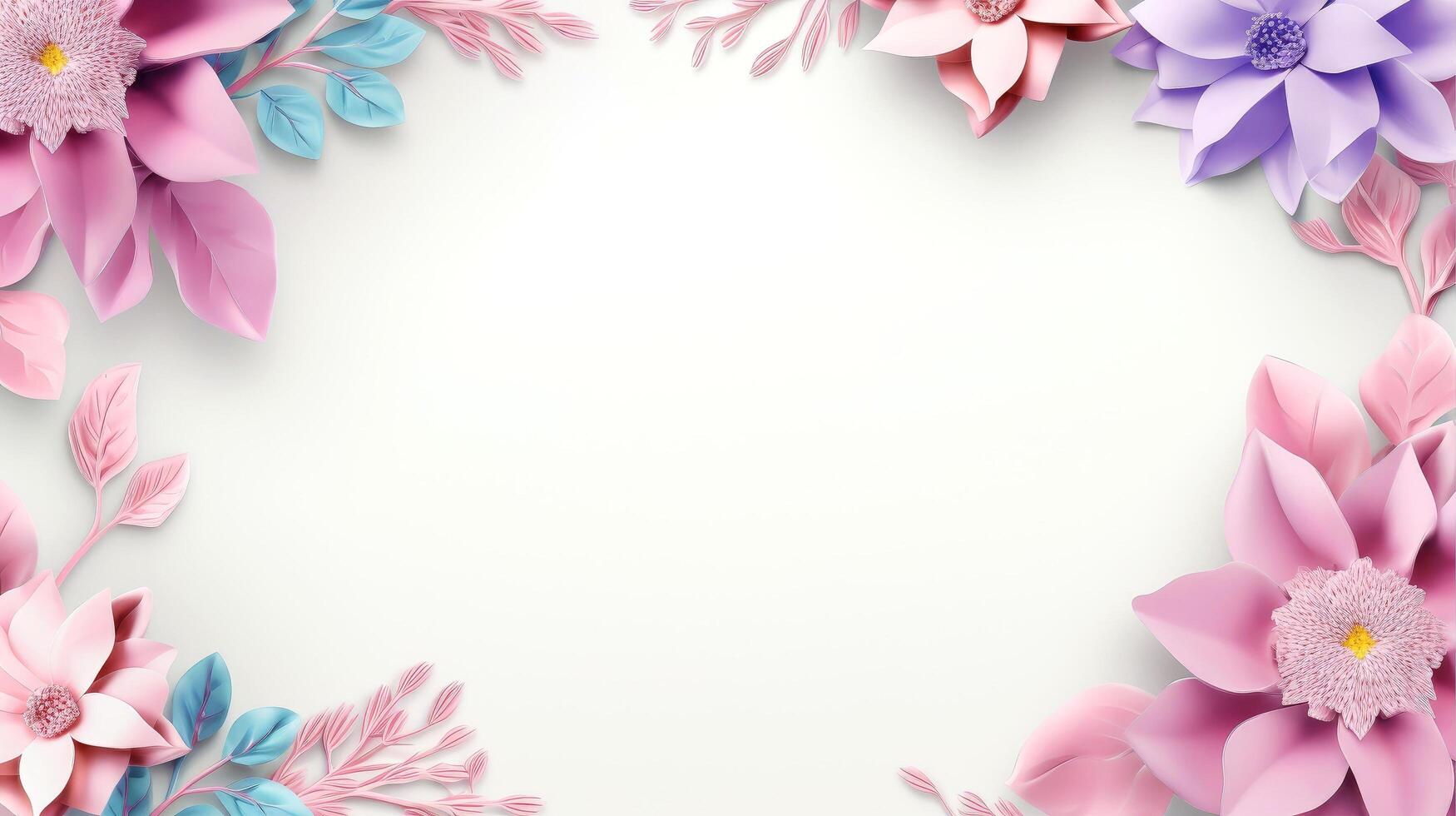 Floral border frame card template. multicolor flowers, leaves, for banner, wedding card. Springtime composition with copy-space, illustration photo