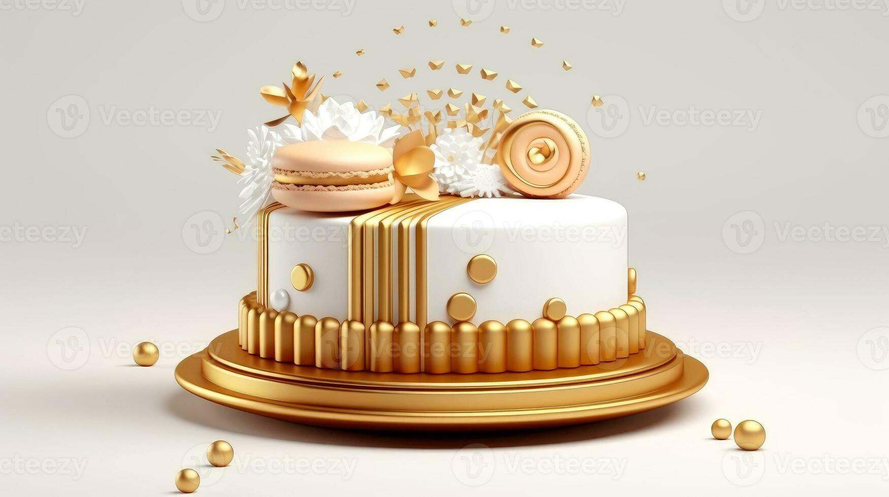 3d illustration of gold cute birthday cake, Sweet cake for a surprise birthday, for anniversary and celebration ,mother day, Valentine day, cake, cupcake, Generative AI illustration photo