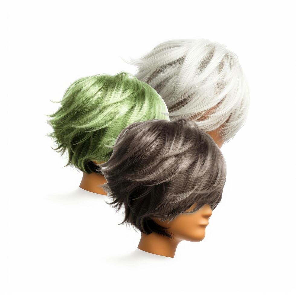 Hair wig over the plastic mannequin head isolated over the white background, mockup featuring contemporary men's hairstyles, illustration photo