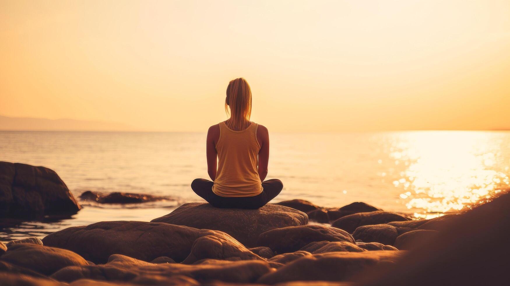 mujer meditar, yoga. psíquico mujer considera mente y corazón. espiritualidad, esoterismo, con bokeh desenfocado luces. universo, generativo ai ilustración foto