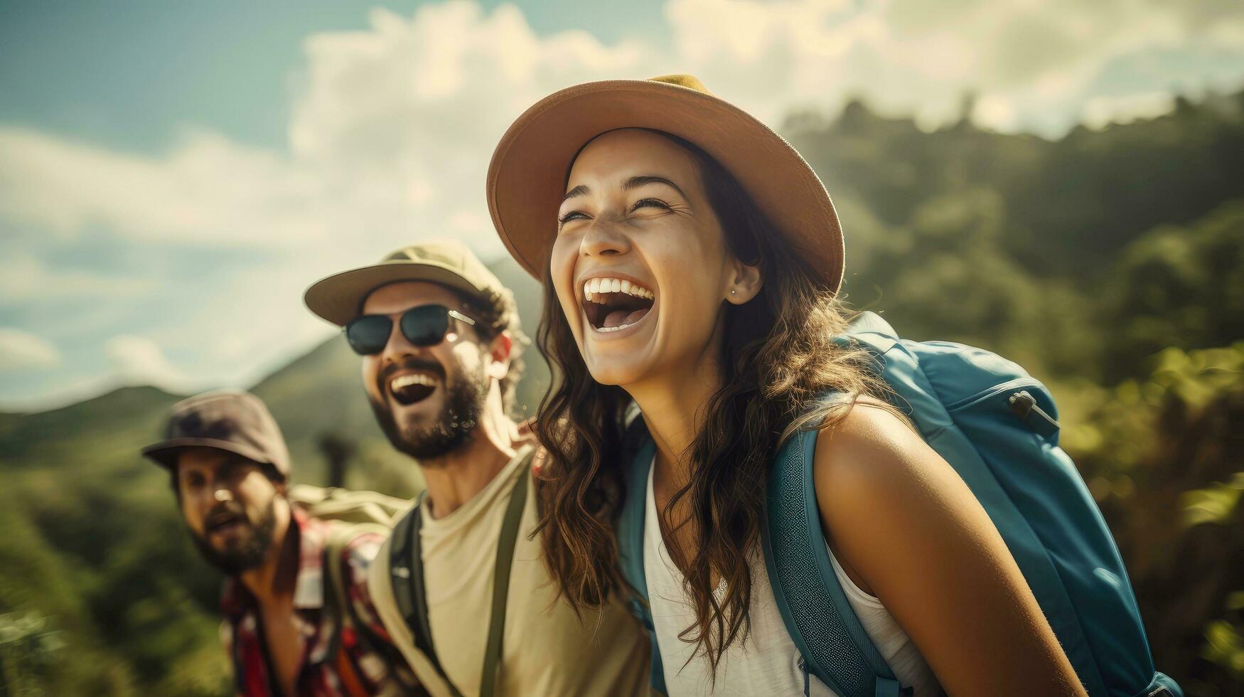 Group of happy friends and laughing, tourism, travel, people sharing good and positive mood, backpack camping hiking journey travel trek concept, with blurred background, Generative AI illustration photo