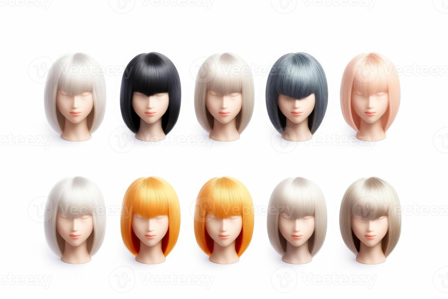 Hair wig over the plastic mannequin head isolated over the white background, mockup featuring contemporary women's hairstyles, Generative AI illustration photo