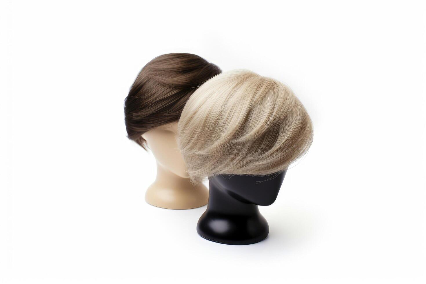 Hair wig over the plastic mannequin head isolated over the white background, mockup featuring contemporary men hairstyles, Generative AI illustration photo