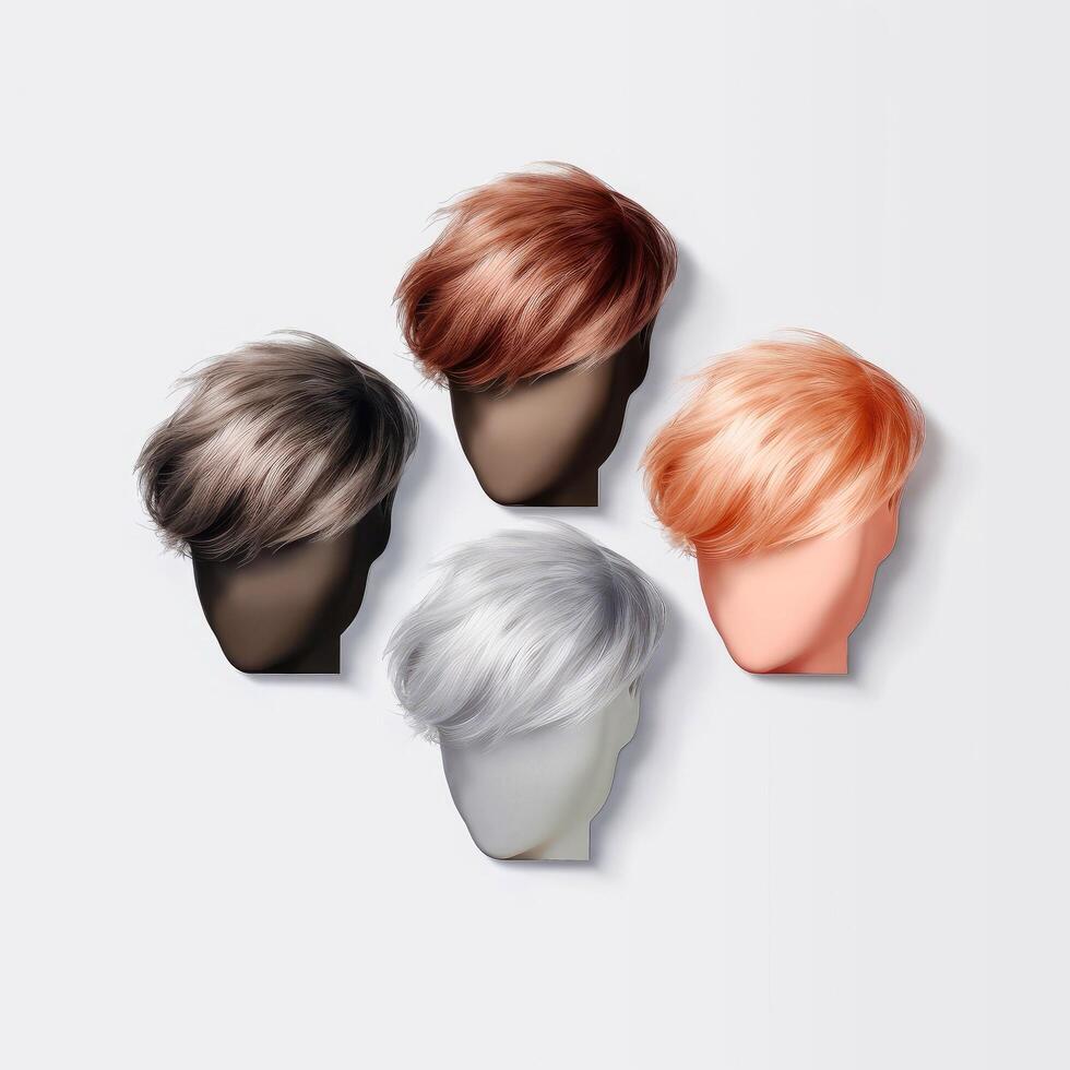 Hair wig over the plastic mannequin head isolated over the white background, mockup featuring contemporary men's hairstyles, illustration photo
