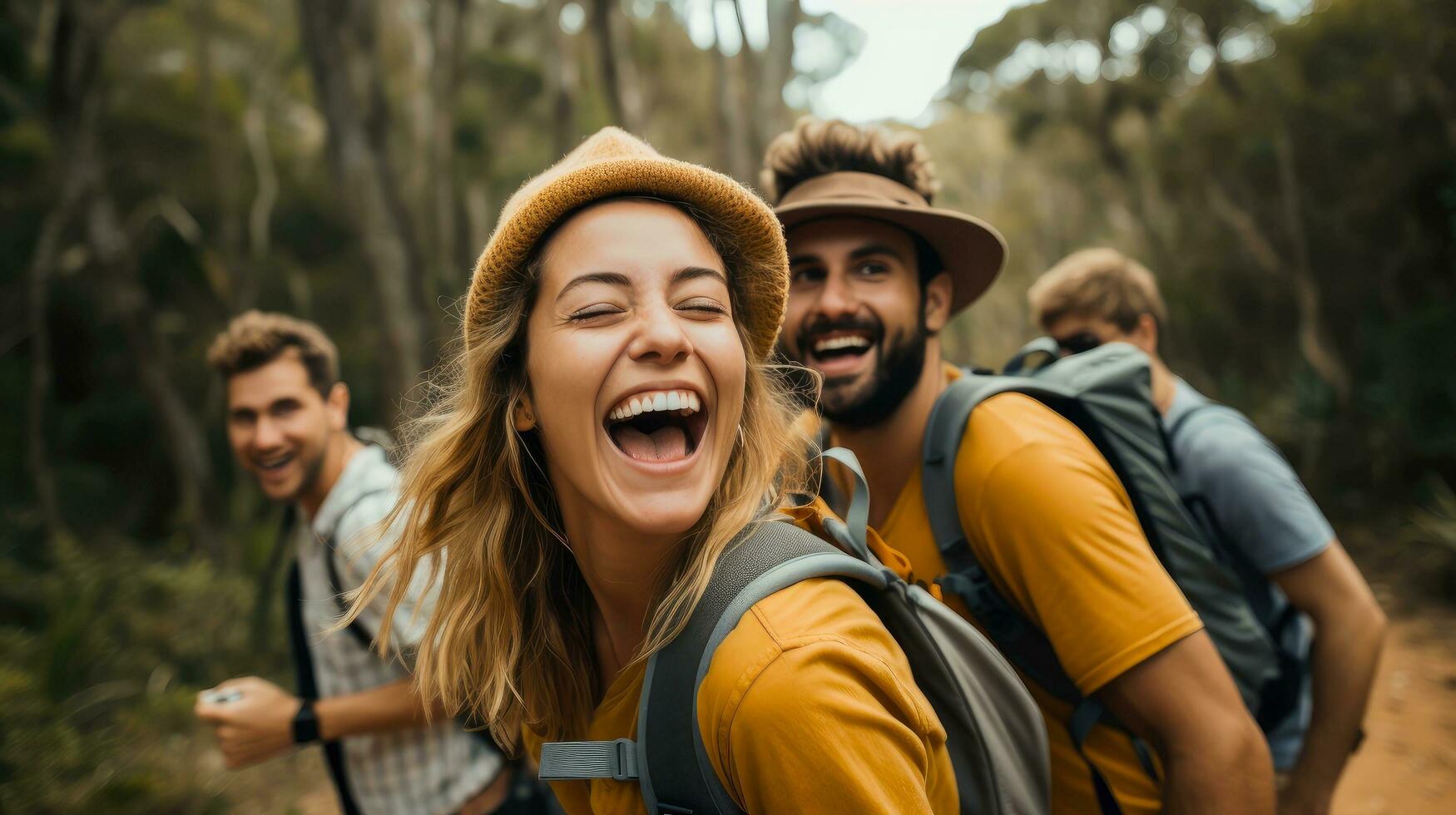 grupo de contento amigos y reír, turismo, viajar, personas compartiendo bueno y positivo ánimo, mochila cámping excursionismo viaje viaje emigrar concepto, con borroso fondo, generativo ai ilustración foto