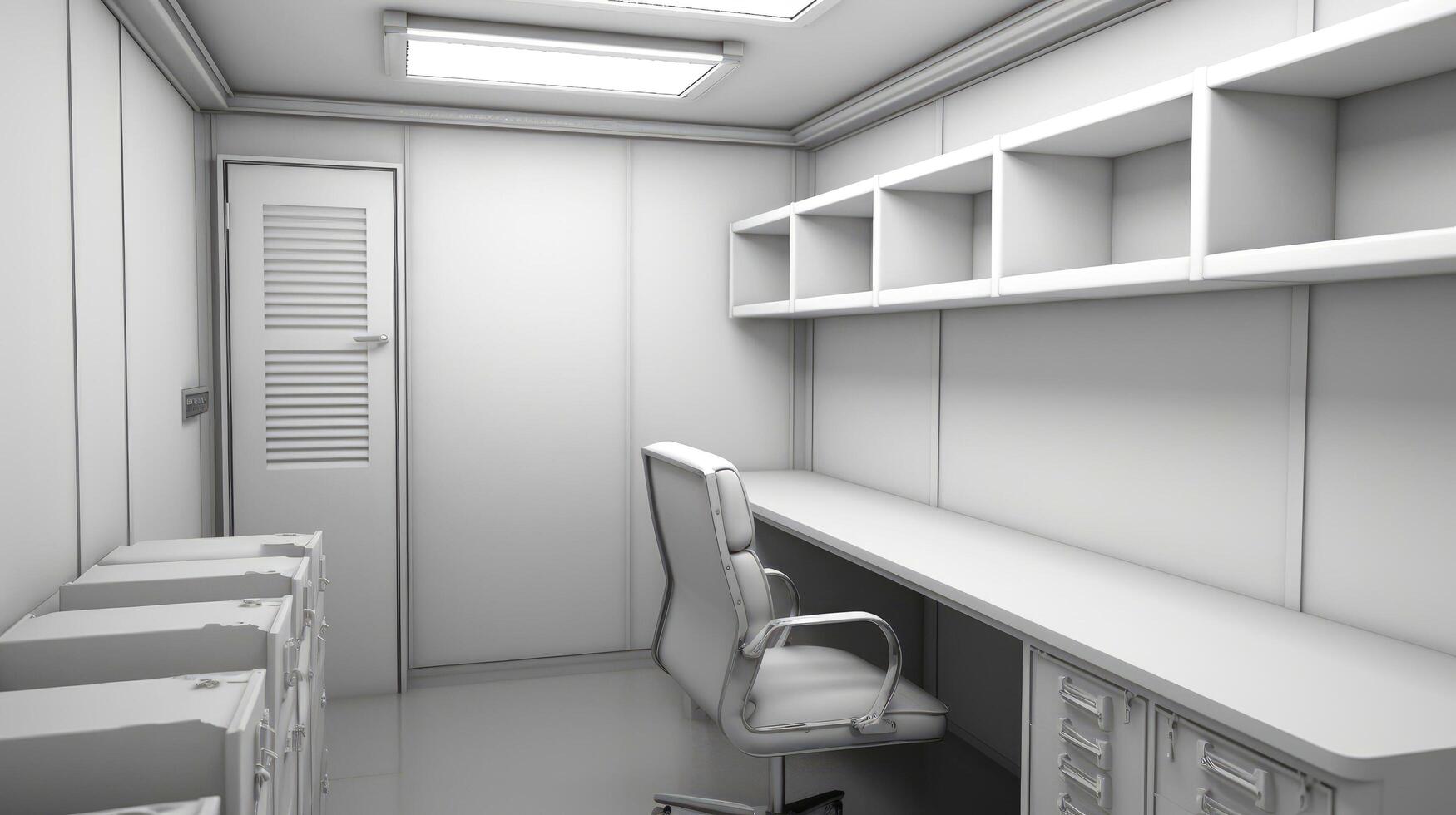 Interior of mobile container site office for construction site. Shipping container. Portable house and office cabins, illustration photo