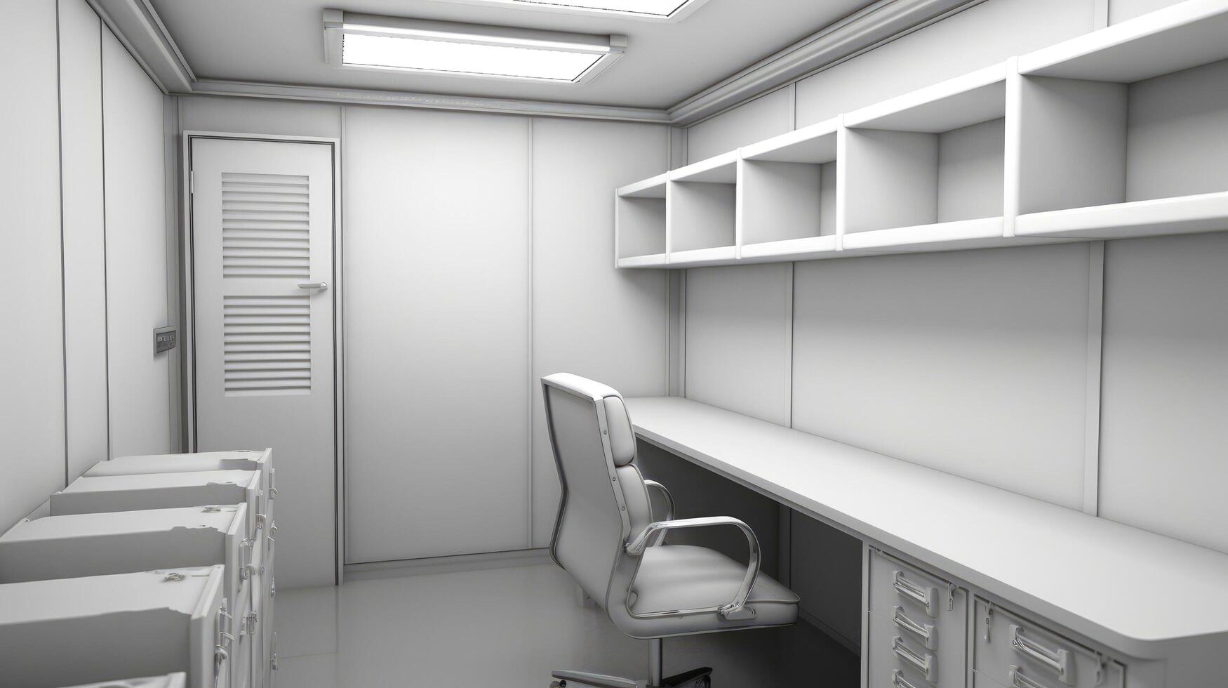 Interior of mobile container site office for construction site. Shipping container. Portable house and office cabins,Generative AI illustration photo