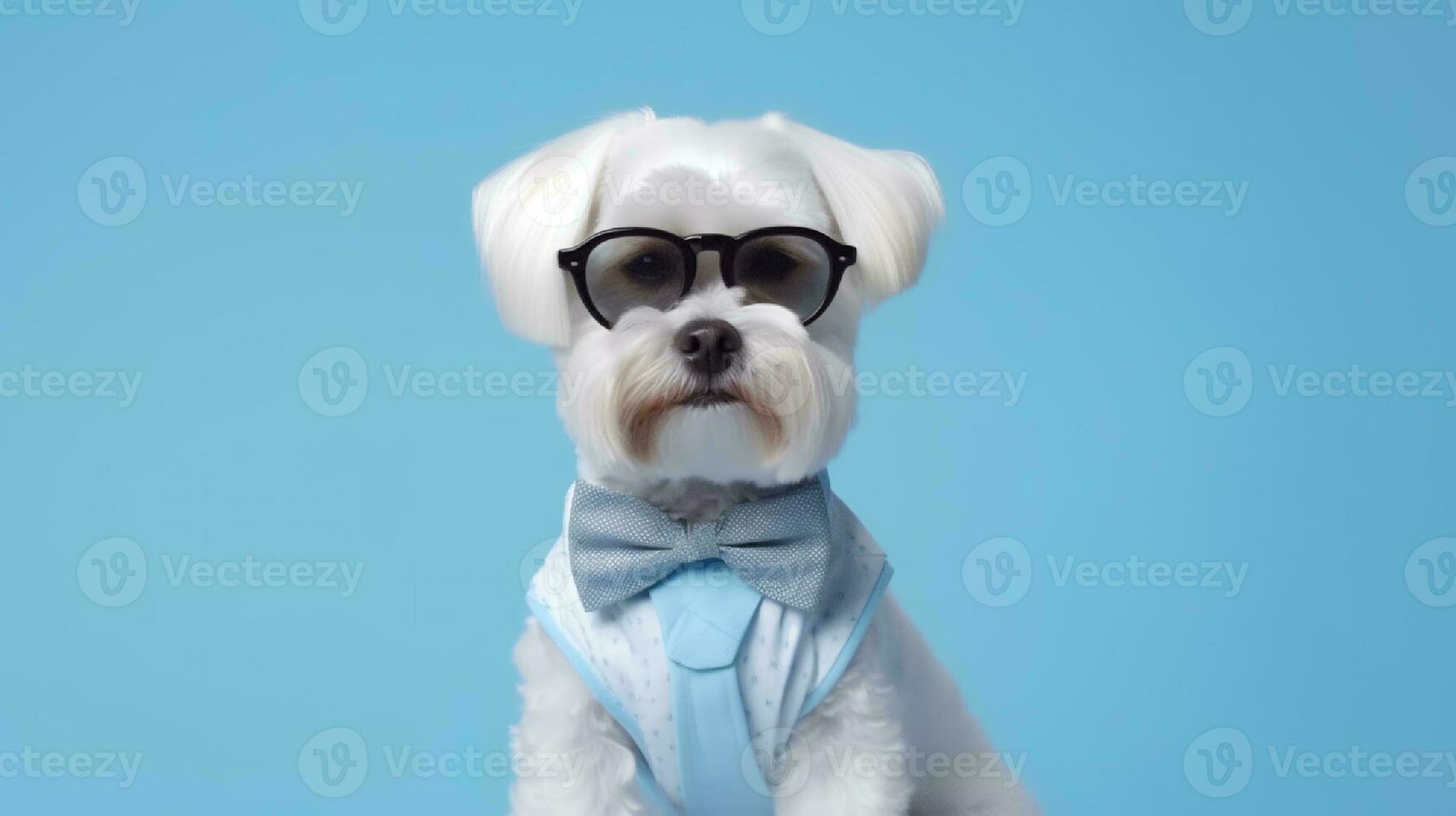 foto de arrogante maltés perro utilizando lentes y oficina traje en blanco antecedentes. generativo ai